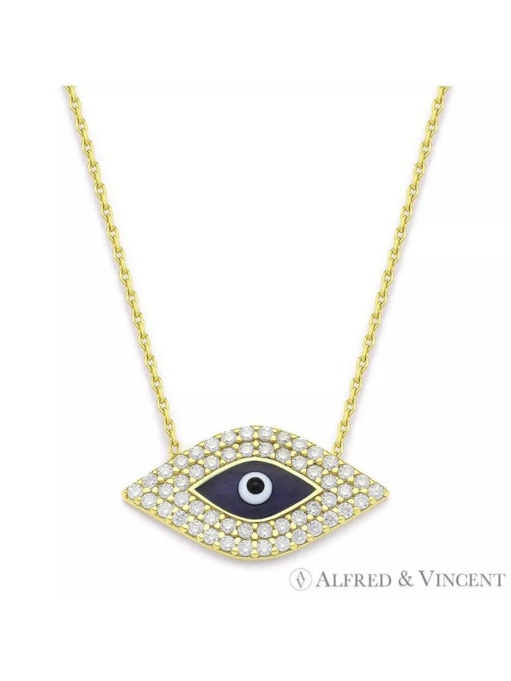 Evil Eye Bead Charm Necklace w/ CZ Crystals in .925 Sterling Silver w/18k YGold